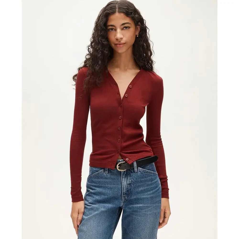 J. Crew Lightweight rib high V-neck cardigan top in Crimson Bloom NWOT Small